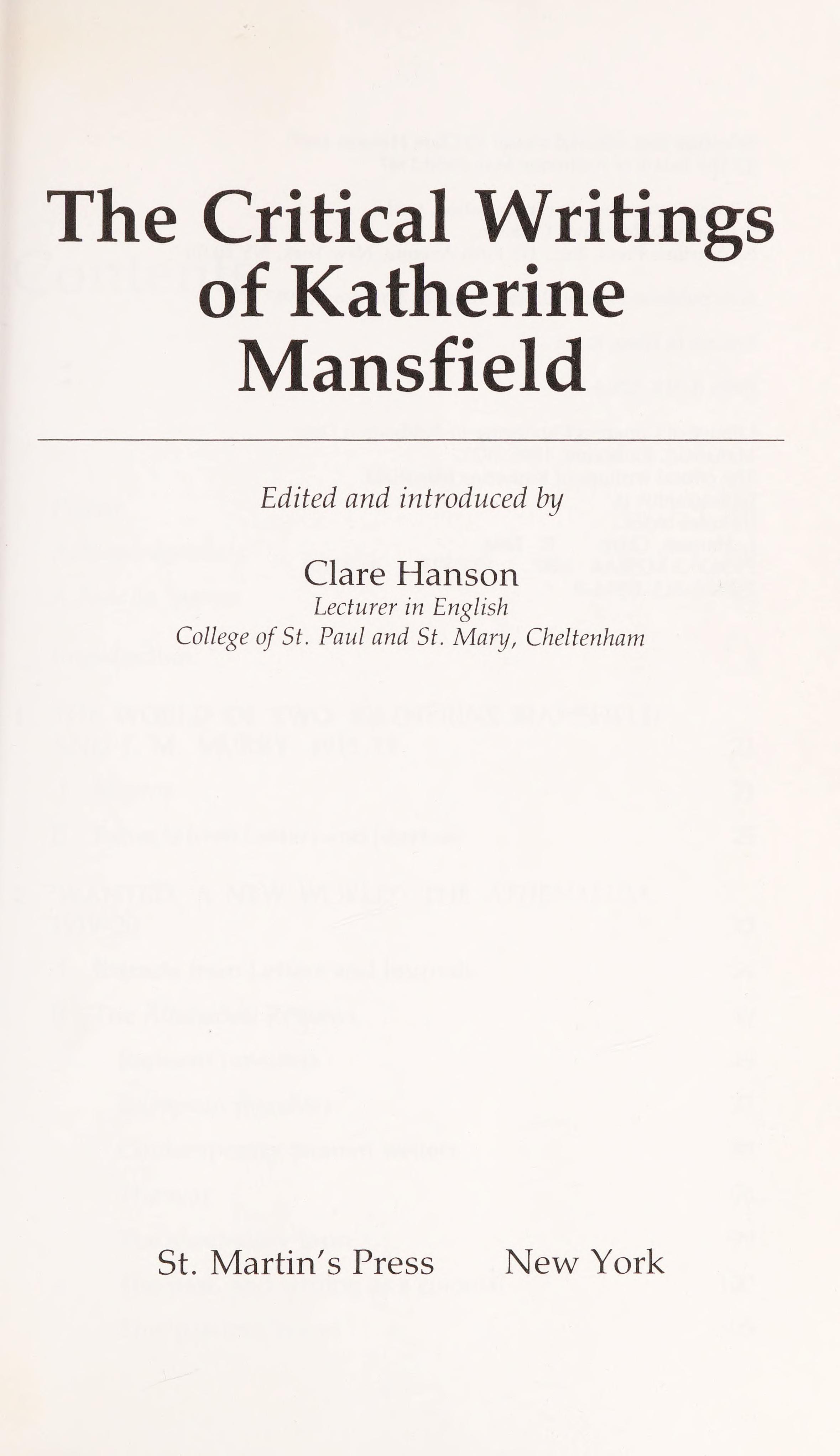 The Critical Writings of Katherine Mansfield