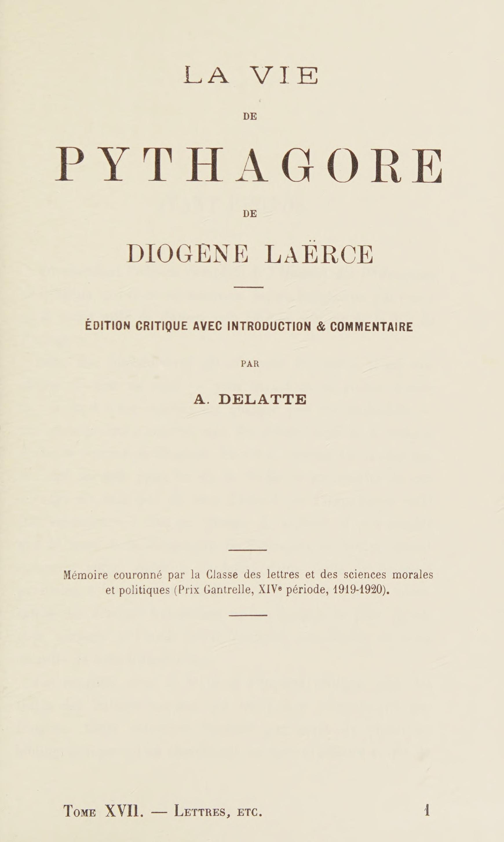 LA Vie De Pythagore De Diogene Laerce