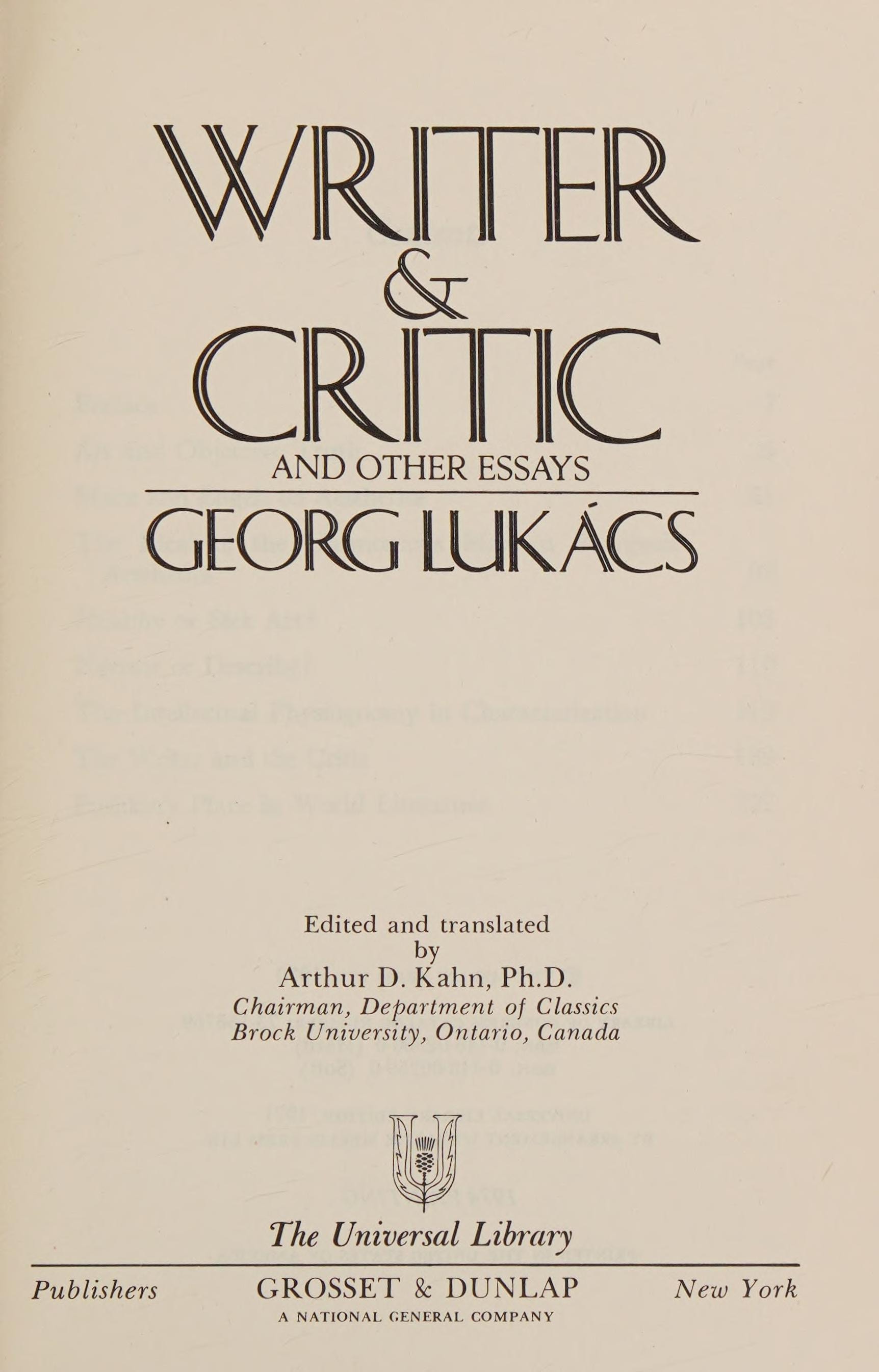 Writer & Critic, and Other Essays