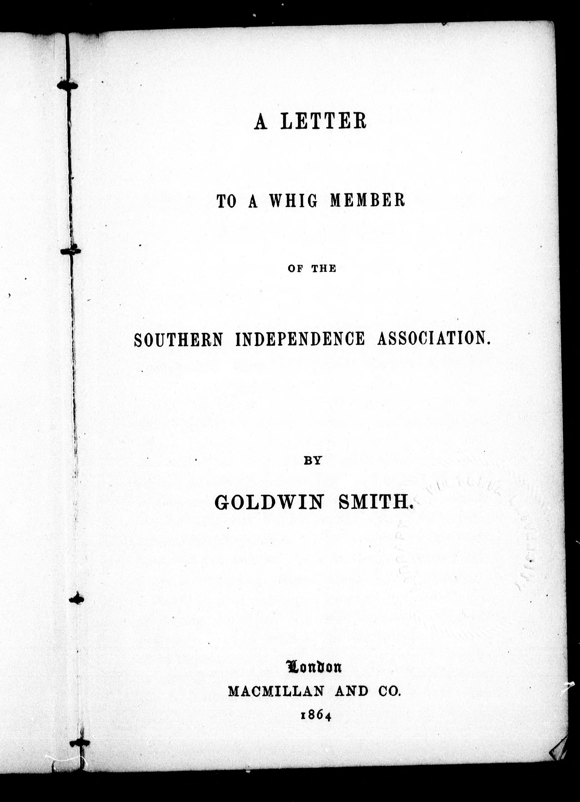 A Letter to a Whig Member of the Southern Independence Association