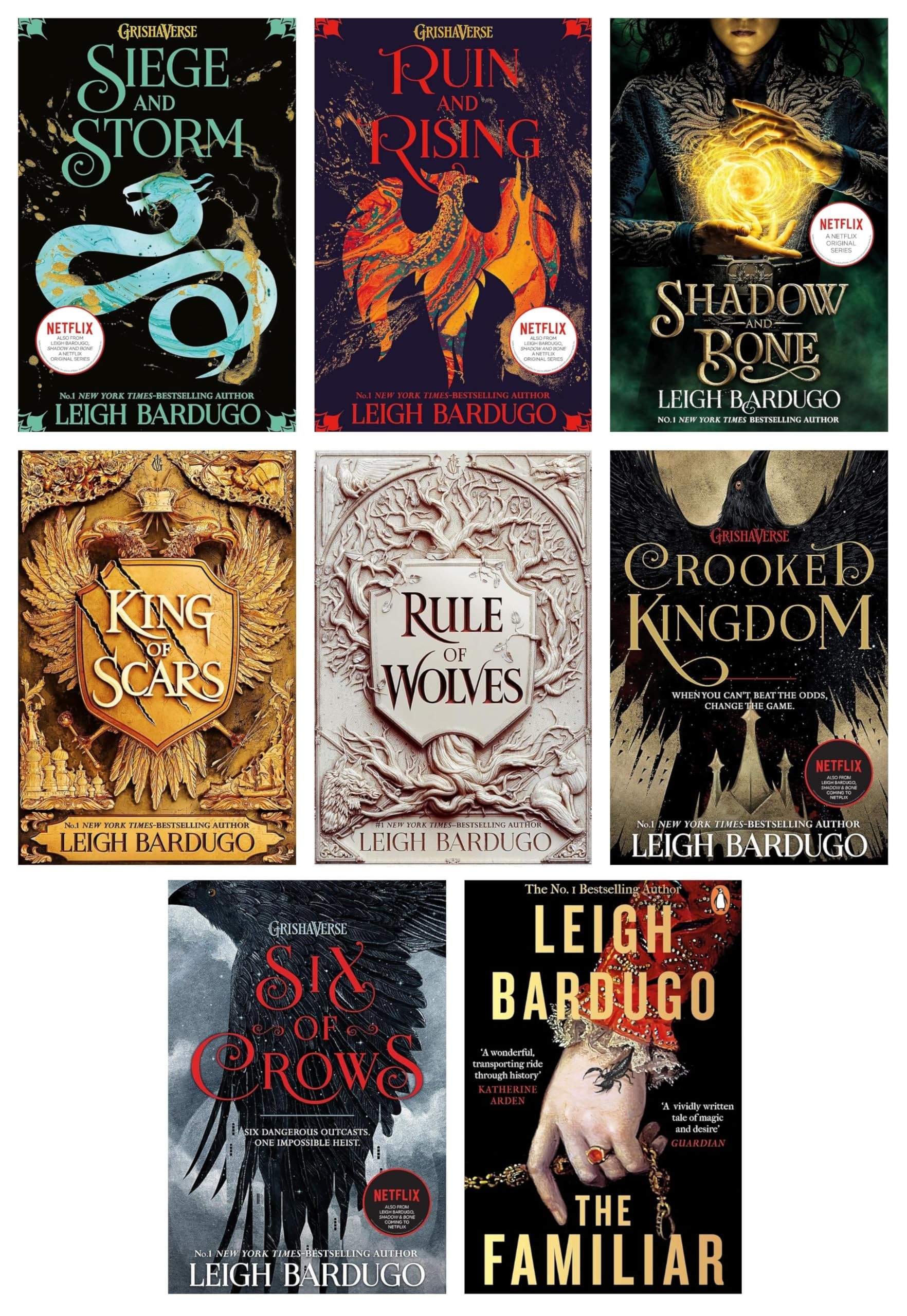 Leigh Bardugo 8 Books Collection Set (The Familiar, Shadow And Bone series, King of Scars duology, Six of Crows series)