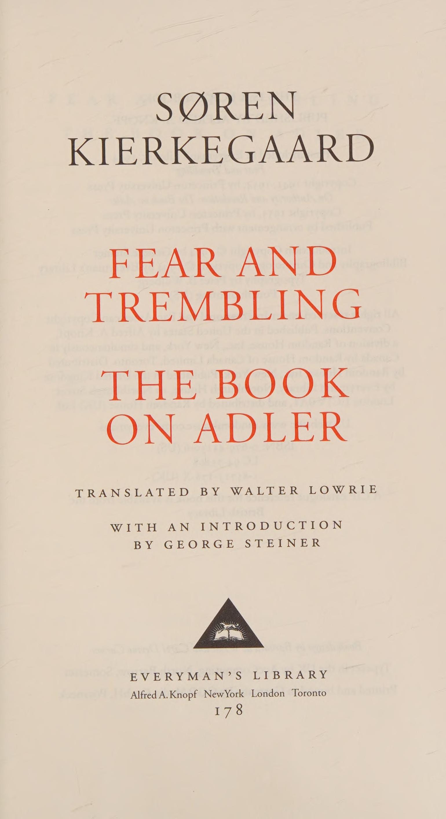 Fear and Trembling and The Book on Adler Introduction by George Steiner
