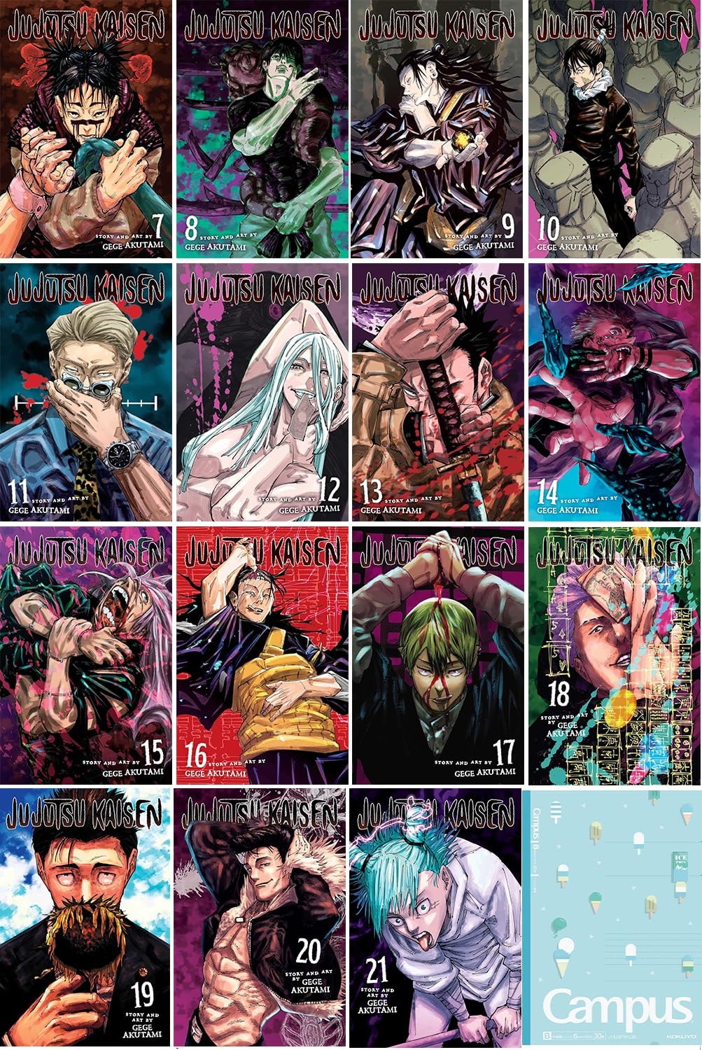 Jujutsu Kaisen Series (Vol 7-21) 15 Books Collection Set By Gege Akutami Plus 1 Kokuyo Campus Notebook