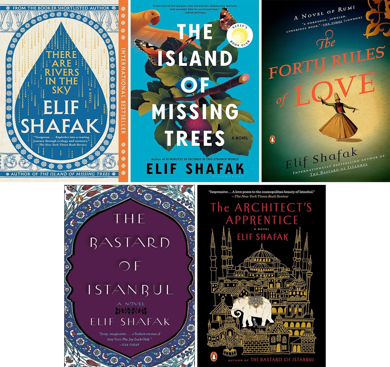 Elif Shafak 5 Book Collection Set – Literary Fiction: There Are Rivers in the Sky, The Island of Missing Trees, The Forty Rules of Love, The Bastard of Istanbul, and The Architect’s Apprentice