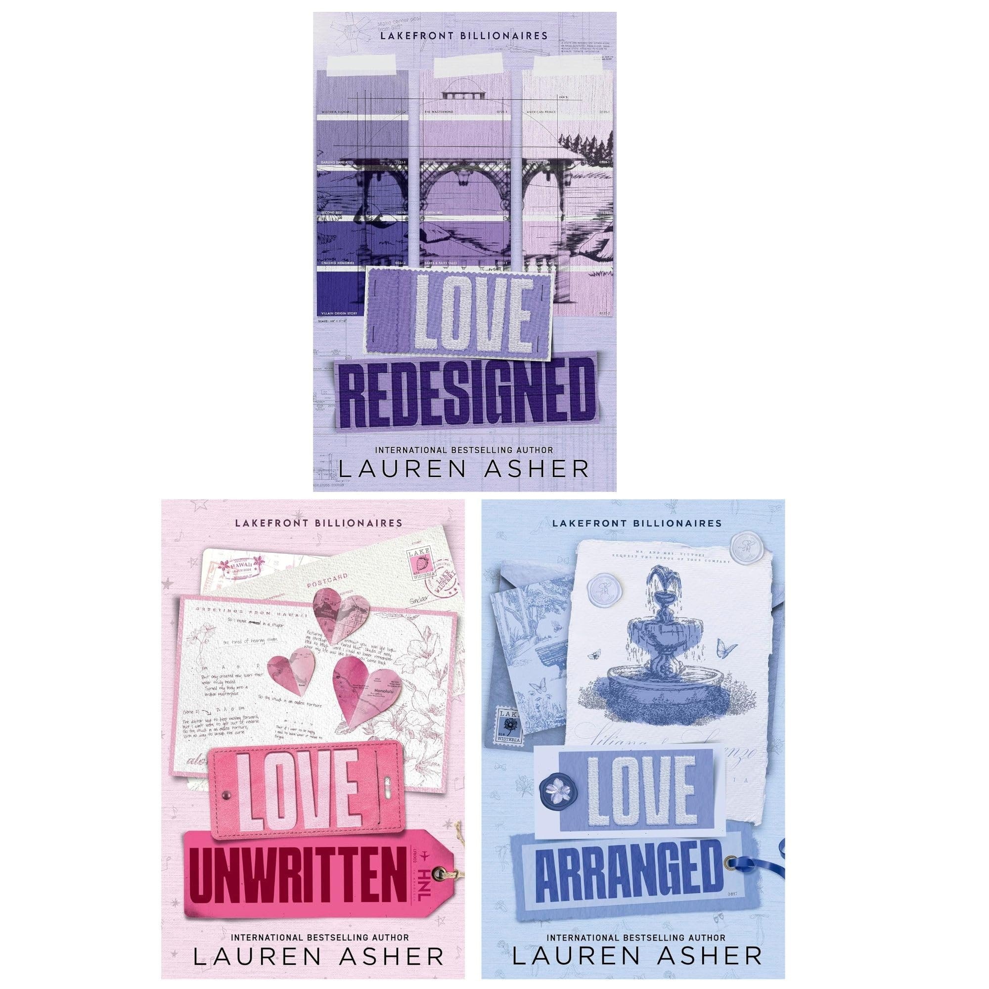 lauren Asher lakefront billionaires series 3 Book Collection Set: Love Redesigned, Love Unwritten and Love Arranged
