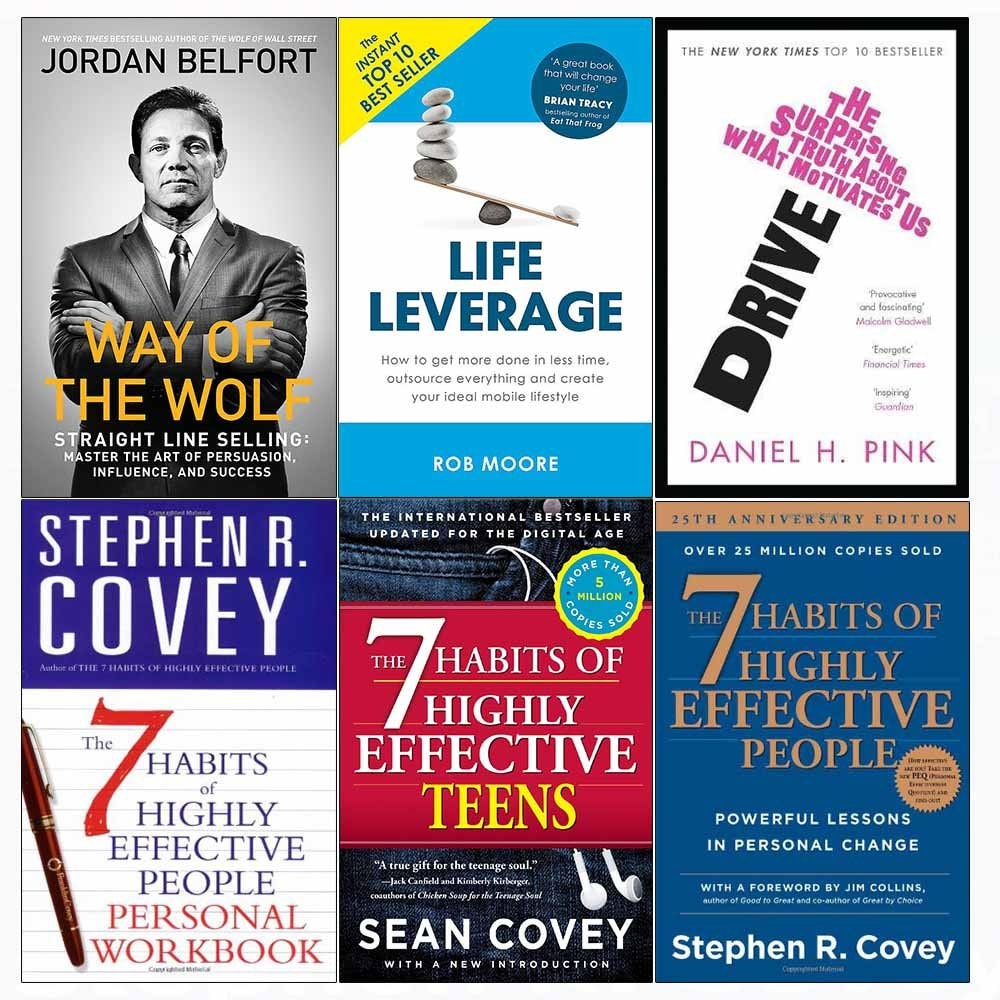 Way of the wolf, drive, life leverage, 7 habits of highly effective people and teens and personal workbook 6 books collection set