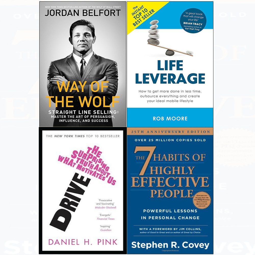 7 Habits of highly effective people, way of the wolf, drive, life leverage 4 books collection set