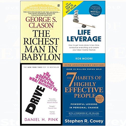 7 Habits of highly effective people, richest man in babylon, drive, life leverage 4 books collection set