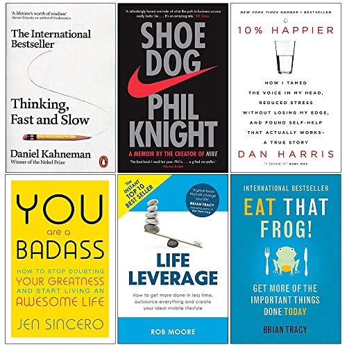 Thinking Fast and Slow, Shoe Dog, 10% Happier, You Are a Badass, Life Leverage, Eat That Frog 6 Books Collection Set