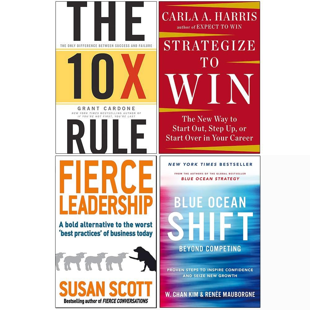 The 10X Rule, Strategize to Win, The Leadership Gap, Blue Ocean Shift 4 Books Collection Set