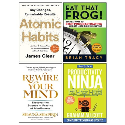 Atomic Habits, Eat That Frog!, Rewire Your Mind, How to be a Productivity Ninja 4 Books Collection Set