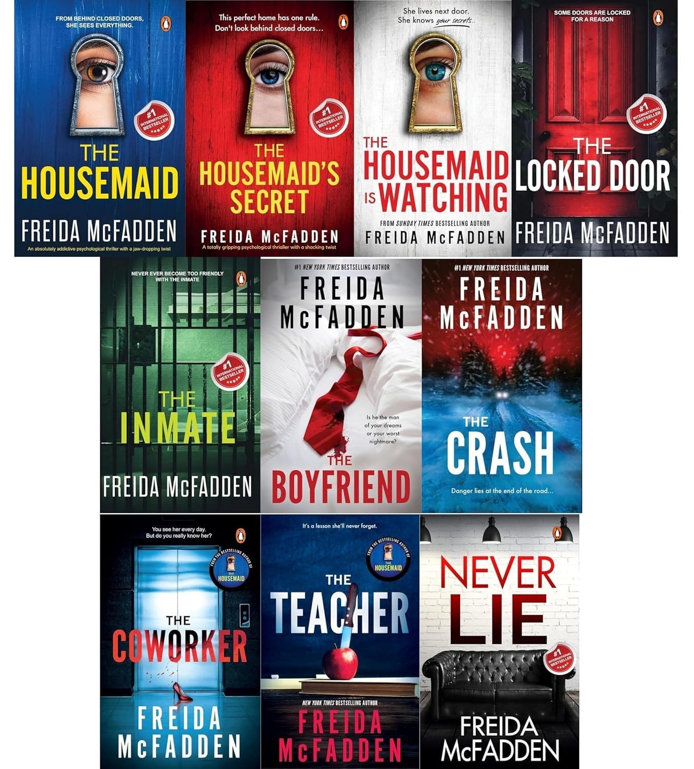 Freida Mcfadden Thriller Series 10 Books Collection Set (the Housemaid, the Housemaid's Secret, Housemaid Is Watching, Never Lie, Coworker, Locked Door, Teacher, Inmate, the Crash and Boyfriend)